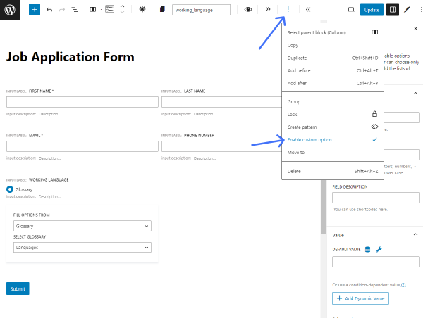 enable the custom option for the radio field